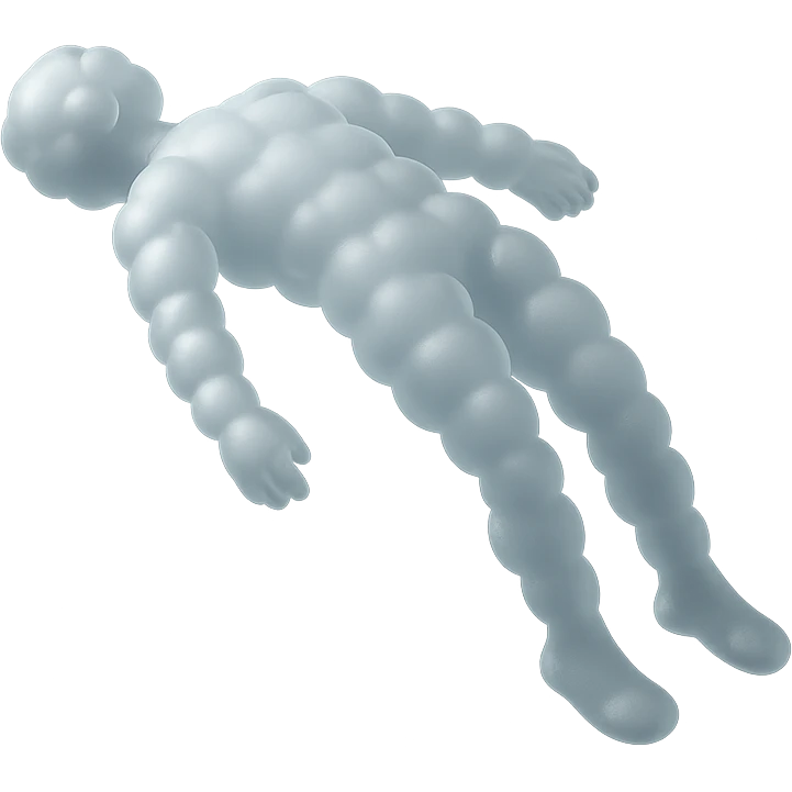 side view of unconscious person flying upwards by torso, legs and arms downwards, made of small very bright white fluffy convex clouds, matte glass style emoji