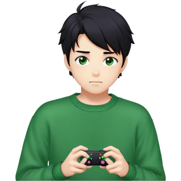Gorgeous green sweater black hair anime style shojo guy with blushing face and gamer, aesthetic, trending style outside  emoji