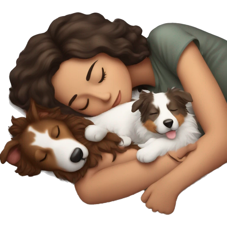 brunette woman sleeping with red tri australian shepherd emoji