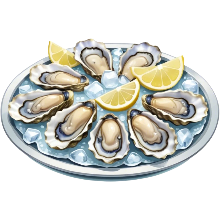 Cinematic fresh oysters on the half-shell, glistening with seawater, served with lemon wedges and ice, soft glowing highlights, elegant and luxurious. emoji