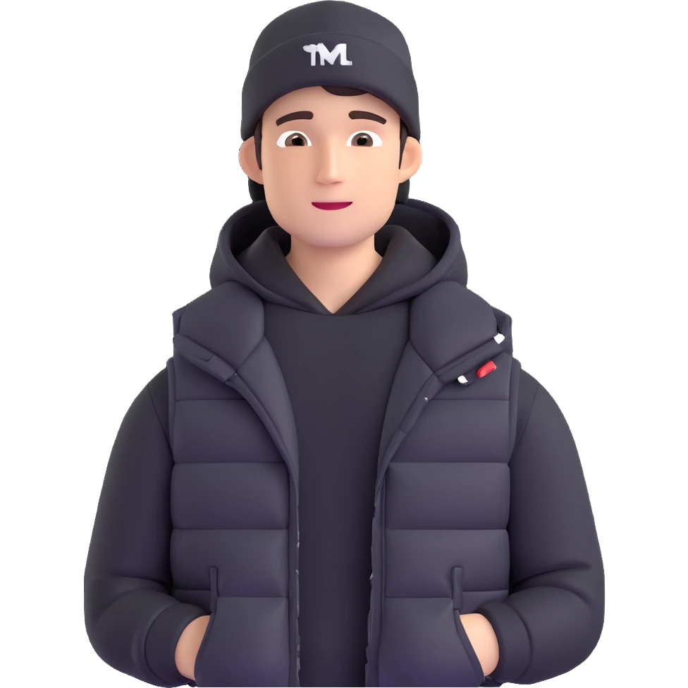 A guy in a hat, black hoodie, and a puffer vest emoji