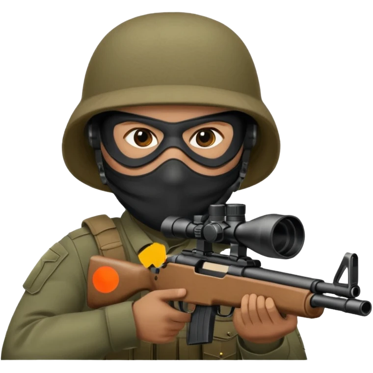 Close-up of a masked army soldier looking through the crosshair of his rifle  as seen from the side as he takes aim emoji