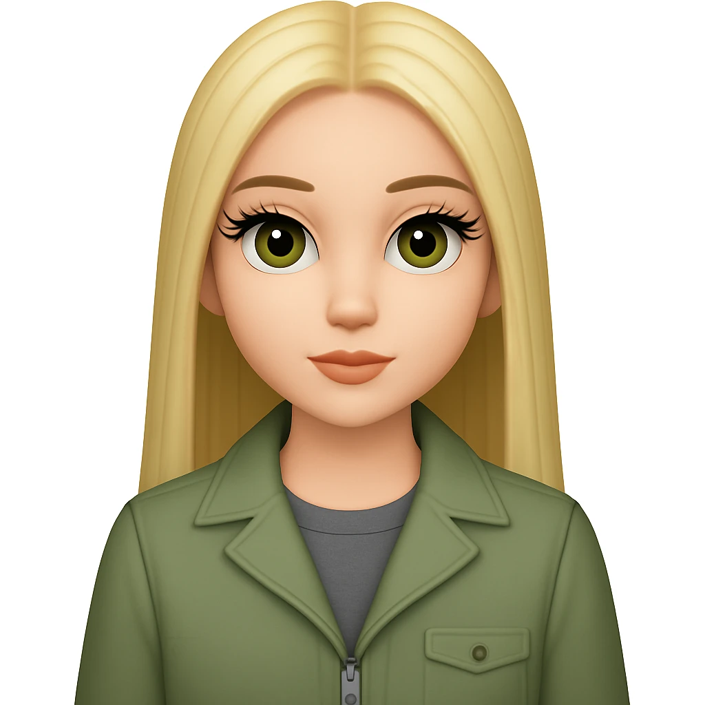 Make the girl have longer straight blonde hair with a middle part, bigger eyelashes, and a grey shirt under her sage green jacket. Maintain the original style and details. emoji
