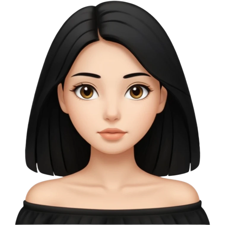 A realistic 3D avatar of a young woman with a soft oval face, slim cheeks, natural almond eyes, long straight black hair, minimal makeup, wearing a black off-shoulder top, elegant and aesthetic, tanned skintone. emoji