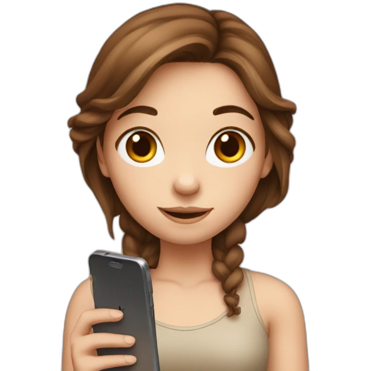 White cute girl with brown hair holding phone emoji