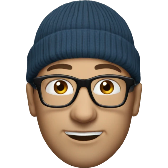 45 year old bald guy, blue eyes, black glasses and a beanie emoji