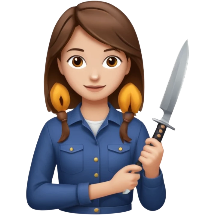 A girl whit brown hair, brown eyes a lite smile and in her back she has in her hand a knife  emoji