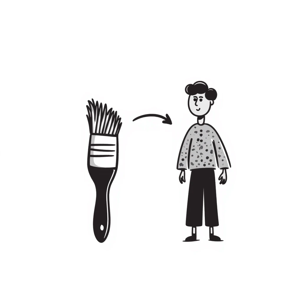 A paintbrush morphing into a metal human figure sculpture, representing artistic identity, with sculptural texture and dimension emoji