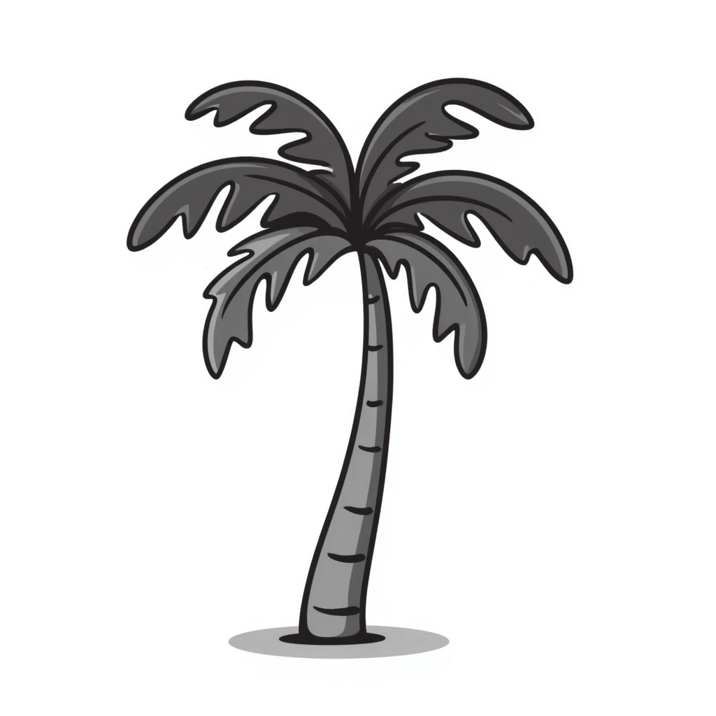 a palm tree with a curved trunk and large fronds, pastel colors dd9fb0, ffc6d3, a3bfc9, c4bee2, f1b091, detailed hand-drawn doodle style emoji