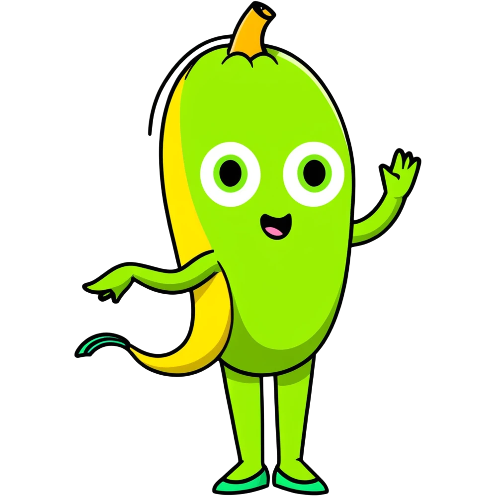 Banane mit Schlaucharmen einer grünen Badehose großen Comic Augen die schockiert aussehen. Die Banane hat lange Stock Beine mit Ballett Schuhen an emoji