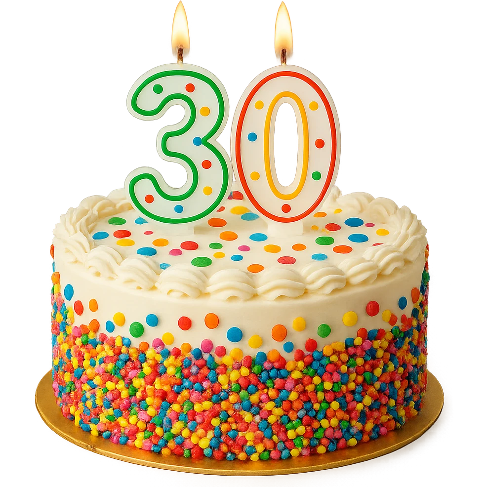 birthday cake with a candle shaped like the number 30, festive, colorful, clear candle shape, no text on cake emoji