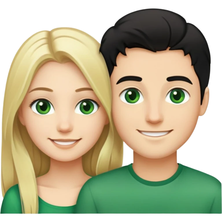 Smiling couple of blonde girl with long hair green eyes and boy with short black hair and green eyes emoji