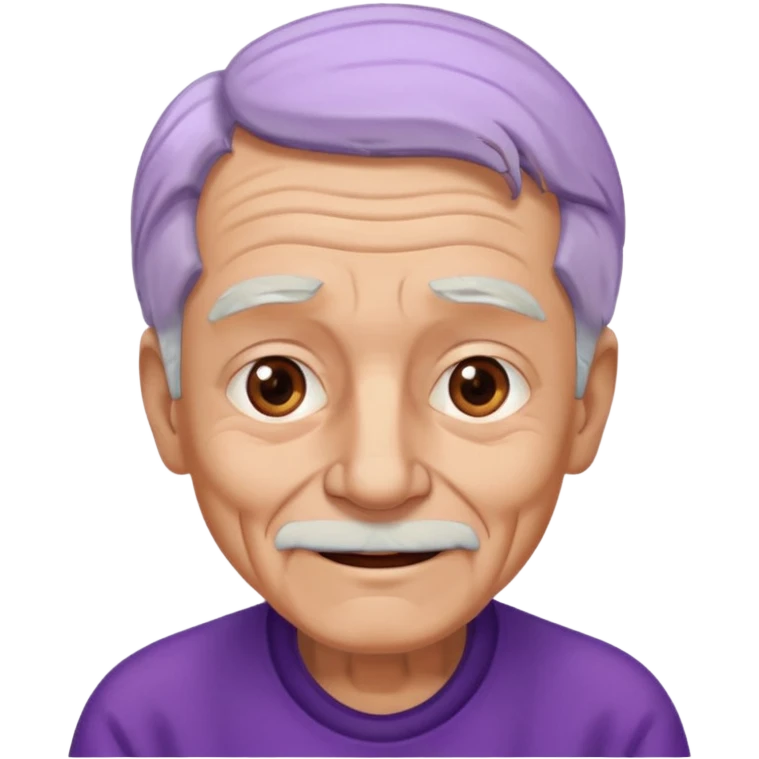 Abuelo hombre con ropa morada, ojos cafés, muchas arrugas, aspecto feliz, el pelo debe ser blanco no morado. emoji
