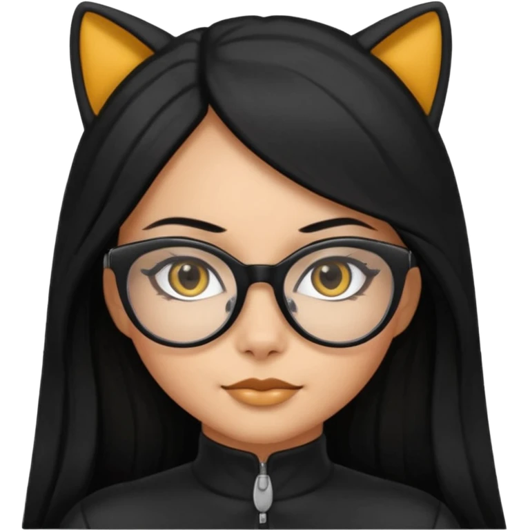 Hispanic woman with long silky hair and glasses in a cat suit emoji