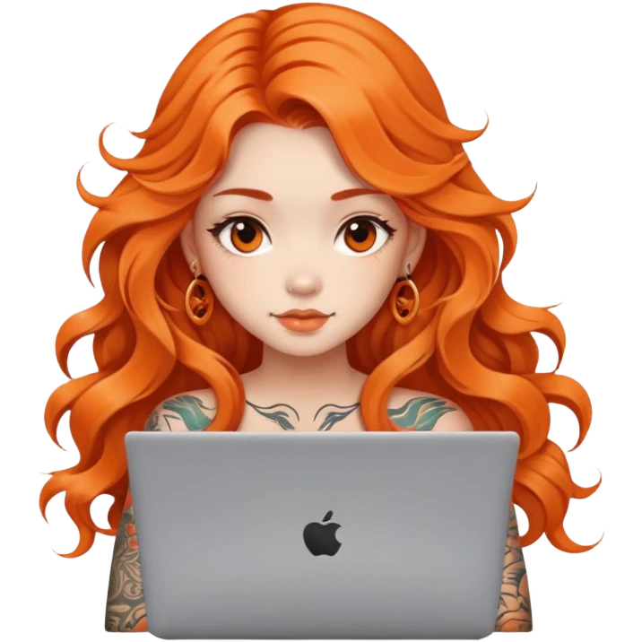 beautiful girl with tattoos, with long Orange hair, wavy hair, chinese, with laptop emoji