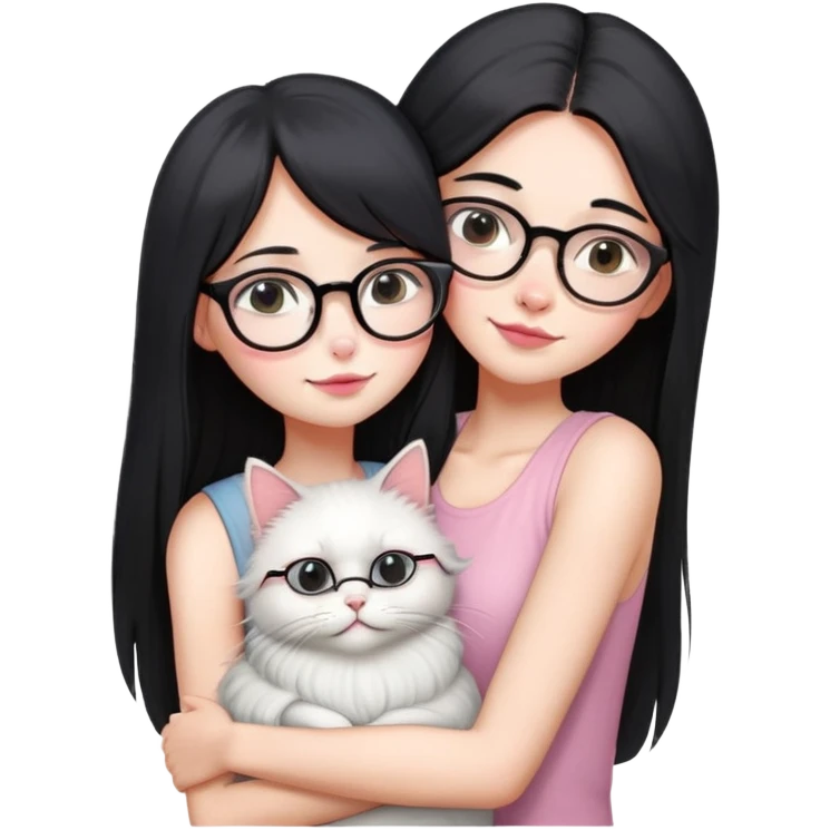 Skinny woman with oval glasses, long straight black hair, pink cheek blush, wearing white sleeveless top, hugging a grey Persian-Angora cat, plain background emoji