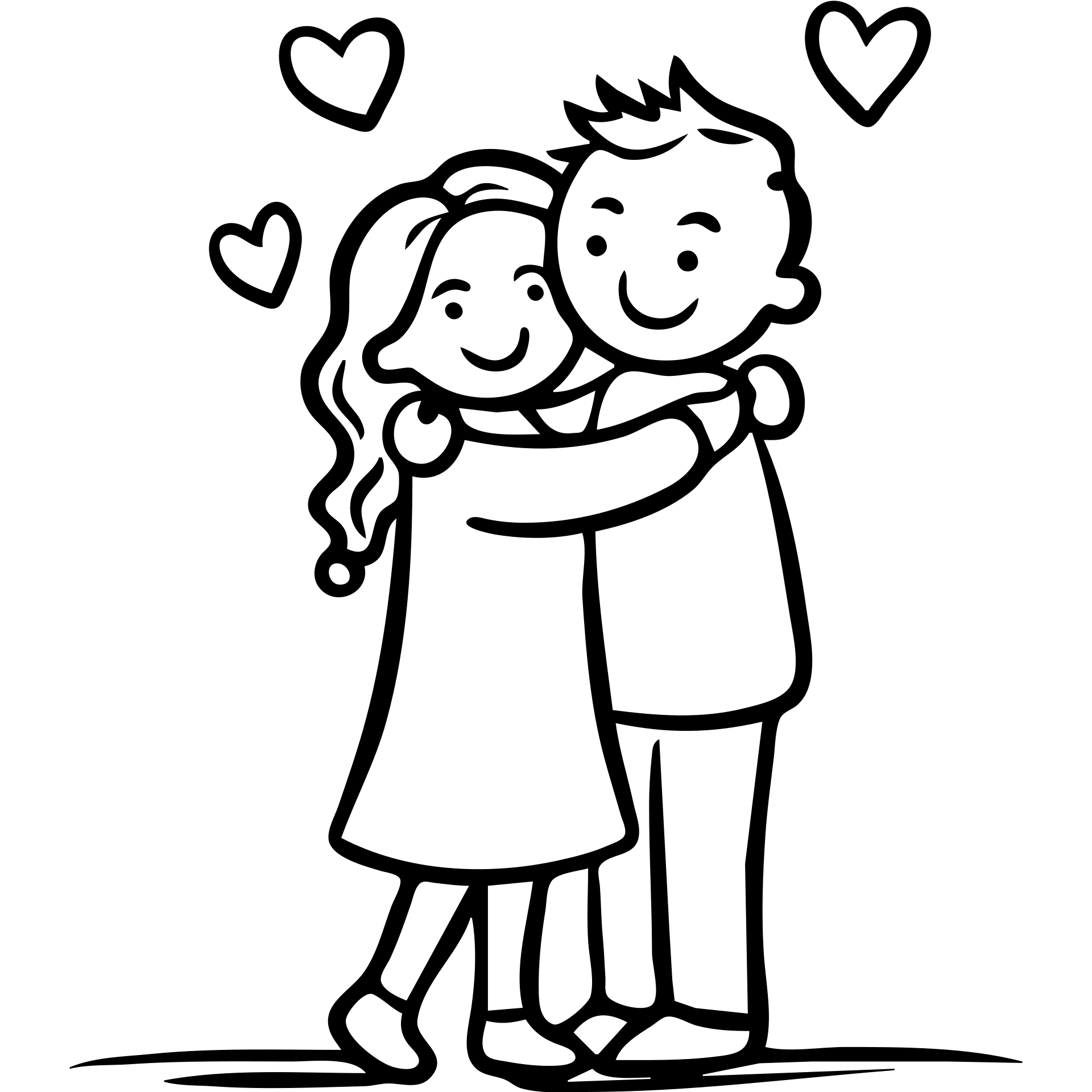Hand drawn sketch of two people hugging with a heart, "Iubind pe cineva" emoji