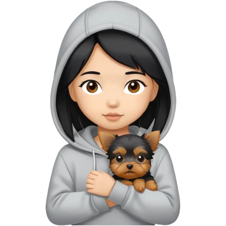 a black-haired asian girl wearing a grey hoodie with a yorkie puppy emoji