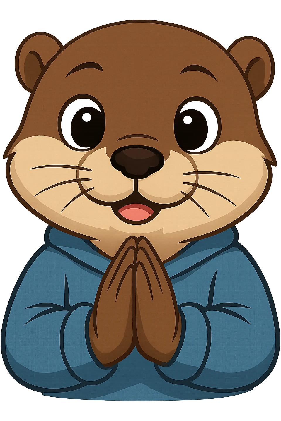 Make the otter look cuter in an animation or cartoon style, with hands together in a prayer position, zoomed in on the upper body, and no background. The style should be cute and cartoonish, emphasizing expressive eyes and soft features. emoji