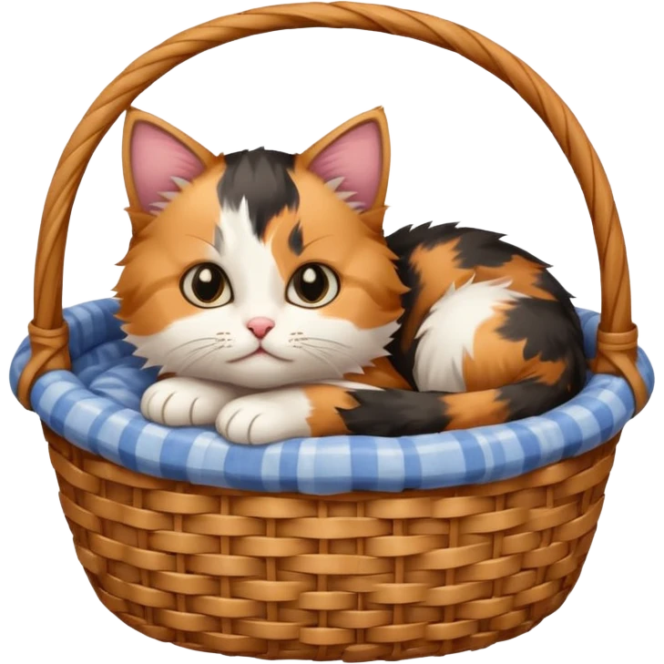 A fluffy kitten curled inside a wicker basket with sleepy eyes. emoji