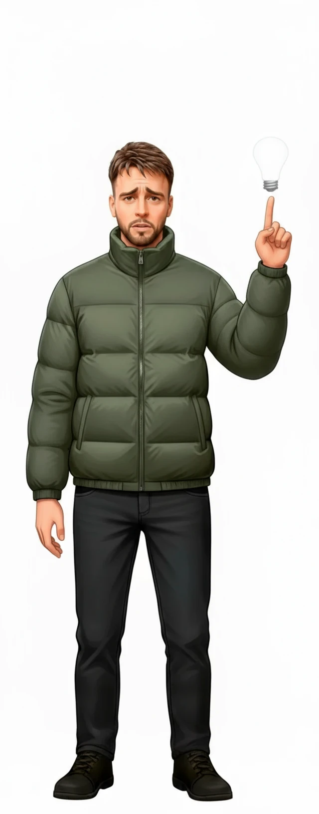 нарисуй человека в зеленой куртке в таком же стиле, правая рука остается в таком же положении, а левая в положении как на картинке, без фона emoji