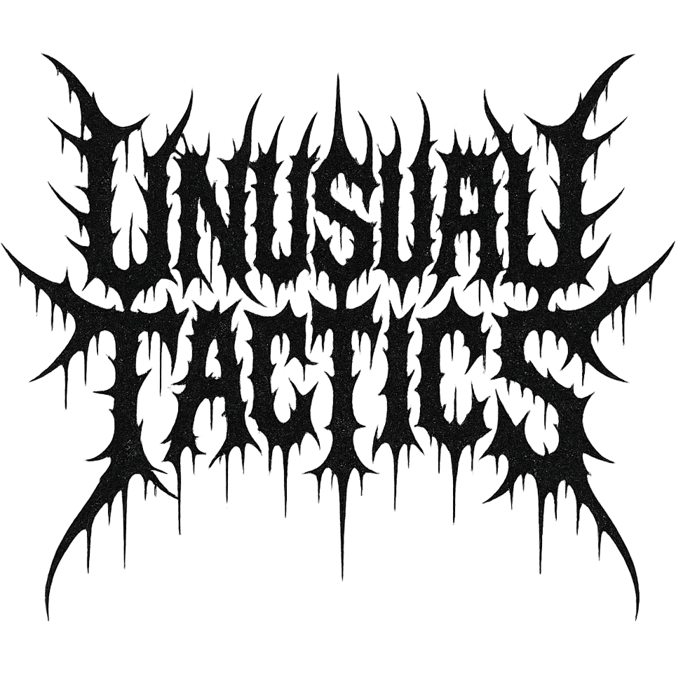 a logo, resembling that of metal band logo, for the text: "unusual tactics", drip font, symmetrical lettering, lettering only emoji