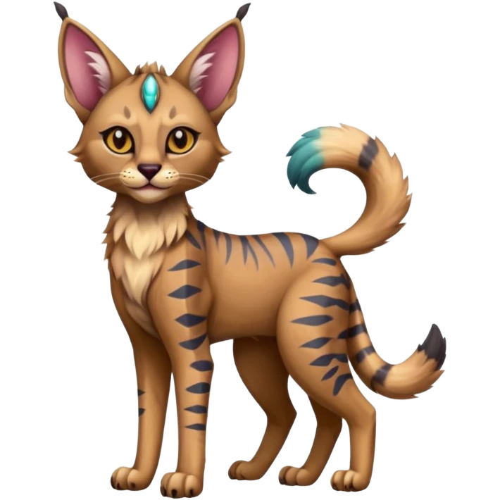 A Colorful exotic tropical tribal cute happy realistic esoteric patterned fluffy furry dark caracal-Lykoi-bobcat-sphynx-genet-serval-Fakémon-fursona-hybrid-fusion-animal-creature, full body, 4-legged emoji