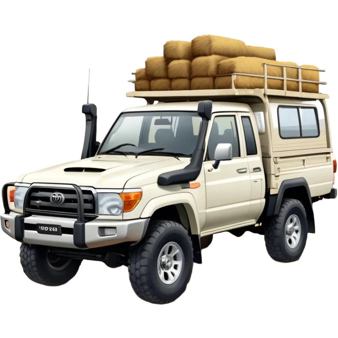 Toyota LandCruiser 70 Series (2021) – Cinematic-realistic Toyota LandCruiser 70 Series ute, its rugged white frame bouncing over rough farm tracks. Dust billows behind as the vehicle powers across dry paddocks, a trusty farm dog perched in the tray, scanning the horizon. emoji