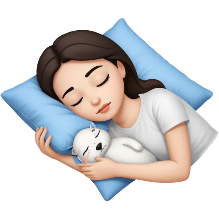 Brunette white sikine white tshirt black eyebrowns girl sleeping on a pillow no blue pillow emoji