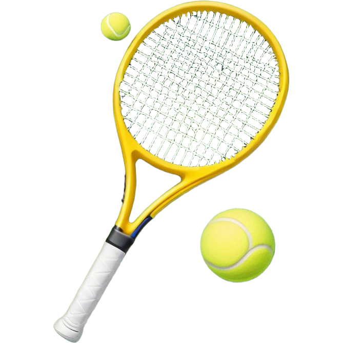 A tennis racket and ball on a grass or hardcourt surface, symbolizing the sport. The racket has a sleek design with tightly strung strings, while the bright tennis ball rests nearby, capturing the essence of precision, agility, and competition. emoji