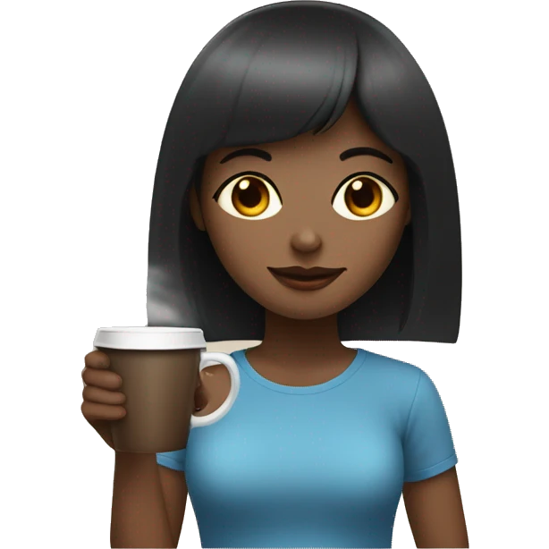 a girl with blue eyes with bangs on dark brown hair drinks coffee emoji