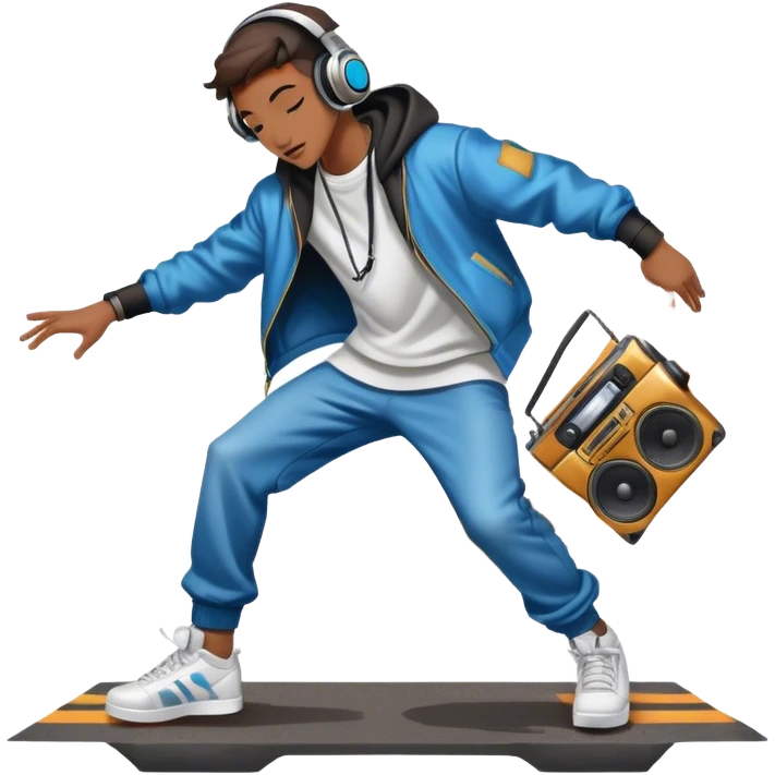 Icon for Street Dance: a dancer in urban streetwear performing a dynamic breakdance move, with a spray-painted background, headphones, and a boombox on the asphalt. The icon should capture the energy, style, and creativity of street dance culture. Transparent background. emoji
