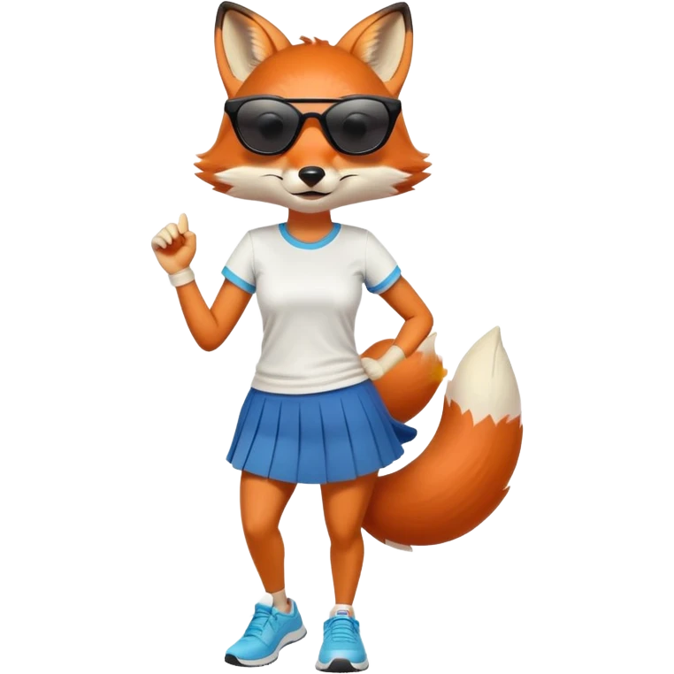 friendly anthropomorphised female fox in skirt and t-shirt, wearing dark sunglasses, jogging upright in standard pose emoji