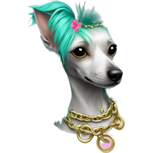 Punk tropical palm leaves flowers Chinese crested dog neon rainbow cyan green pink hair gold chain punk piercings tattoos punk ear piercings emoji
