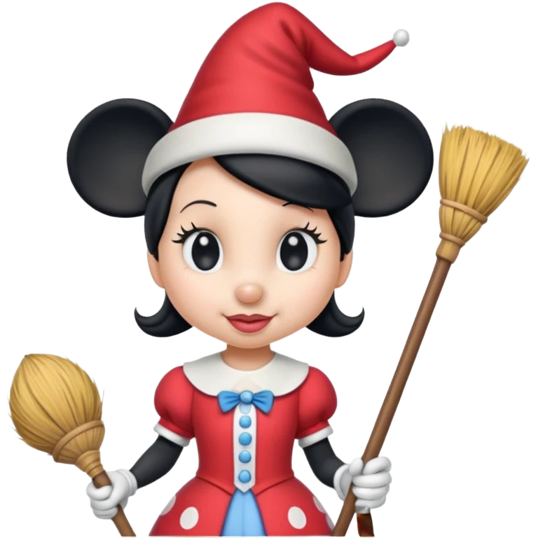 
Minnie as a witch (hat + broom)  cartoon -style/cute and transparent for a sticker emoji