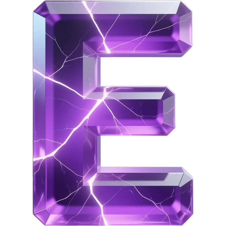 A hyper-realistic 3D letter 'E' carved from translucent purple amethyst, filled with glowing internal fractures. Volumetric lighting, cinematic glow, dark background, 8k resolution, emoji