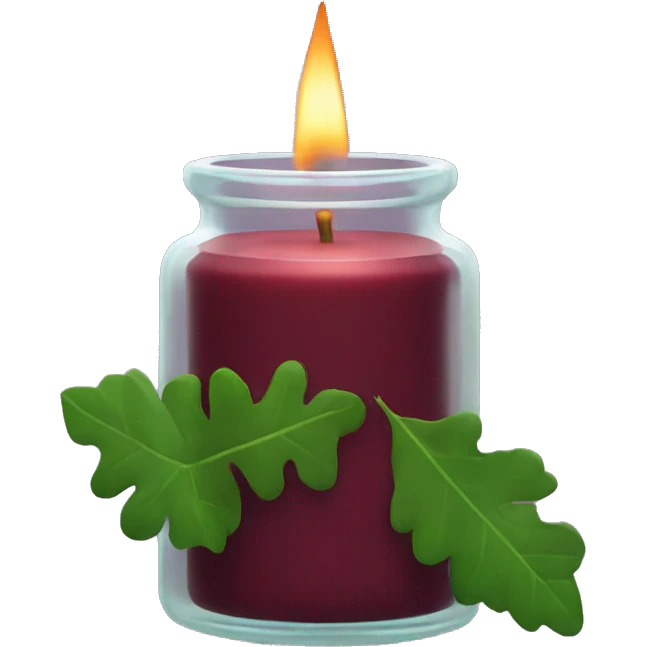 Tall maroon candle in open glass jar with greenery  emoji