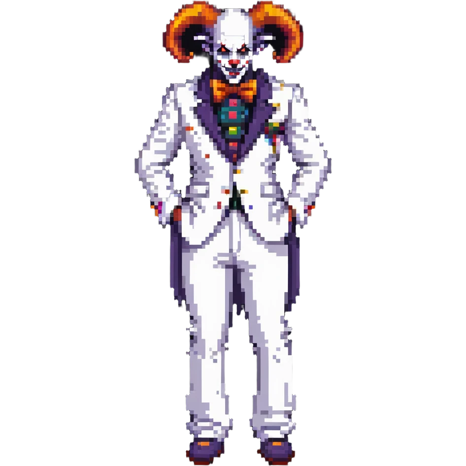 full-body demonic clown in a white leisure suit with bellbottom pants, bald, with black ram horns emoji