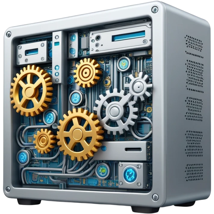 Computer server with gears and code symbols representing DevOps automation emoji