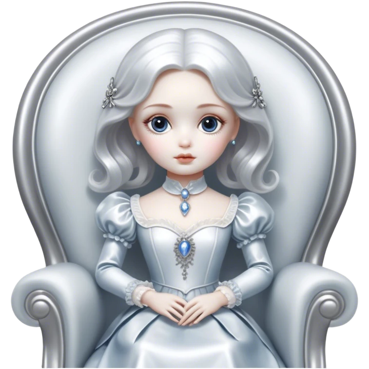 Cinematic and Ultra realistic 32k HD hauntingly beautiful porcelain doll sitting in a chair, Balanced features, highly detailed, glowing with silver light, high shine, remembrance, a painting of white silver, fanciful, enchanting. The image is so lifelike it could leap off the canvas at any moment emoji