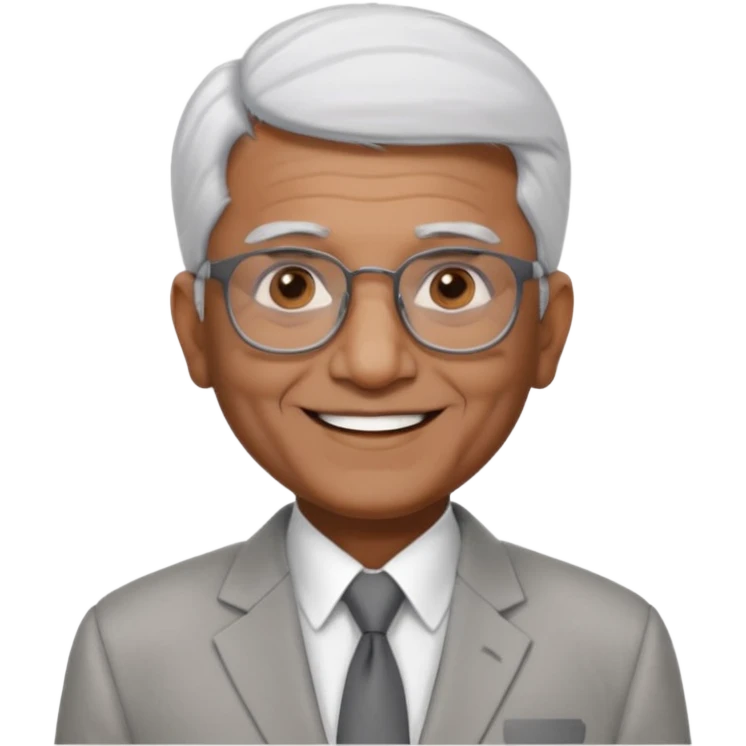 70 yr old indian man, short straight white hair brushed foreward , light grey business suit, big smile, dark brown skin, no moustache, dark brown eyes, glasses
 emoji
