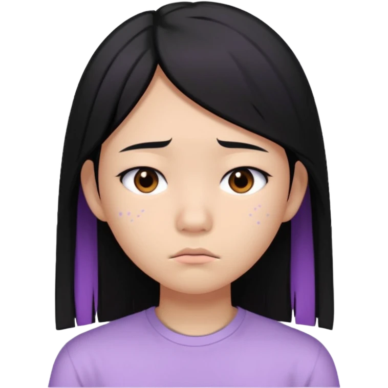 Sad Asian teenager, long straight black hair, lilac bando, white shirt, acne and breakout on cheek emoji