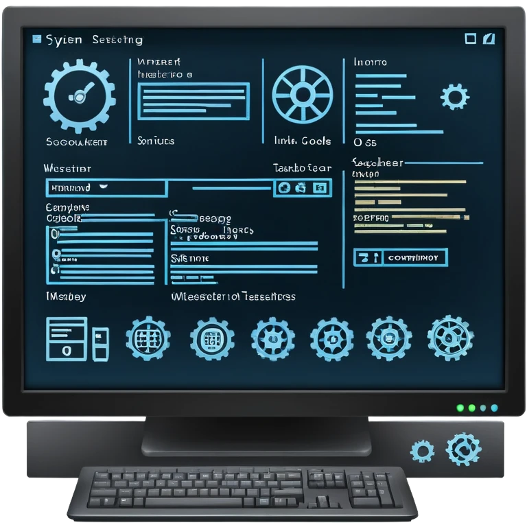 An icon featuring a computer screen with an operating system interface, showing windows, icons, and a taskbar. The design includes code snippets, system settings, and a gear symbol, representing the management and control of computer hardware and software. Transparent background highlights OS architecture. emoji