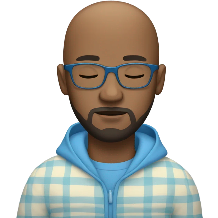 black man with bald head, glasses, a beard and goatee in Blue pajamas sleeping in a car. emoji