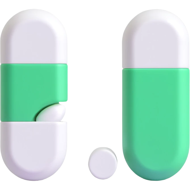 a capsule-shaped pill, split evenly with one half white and the other half green, minimal style emoji