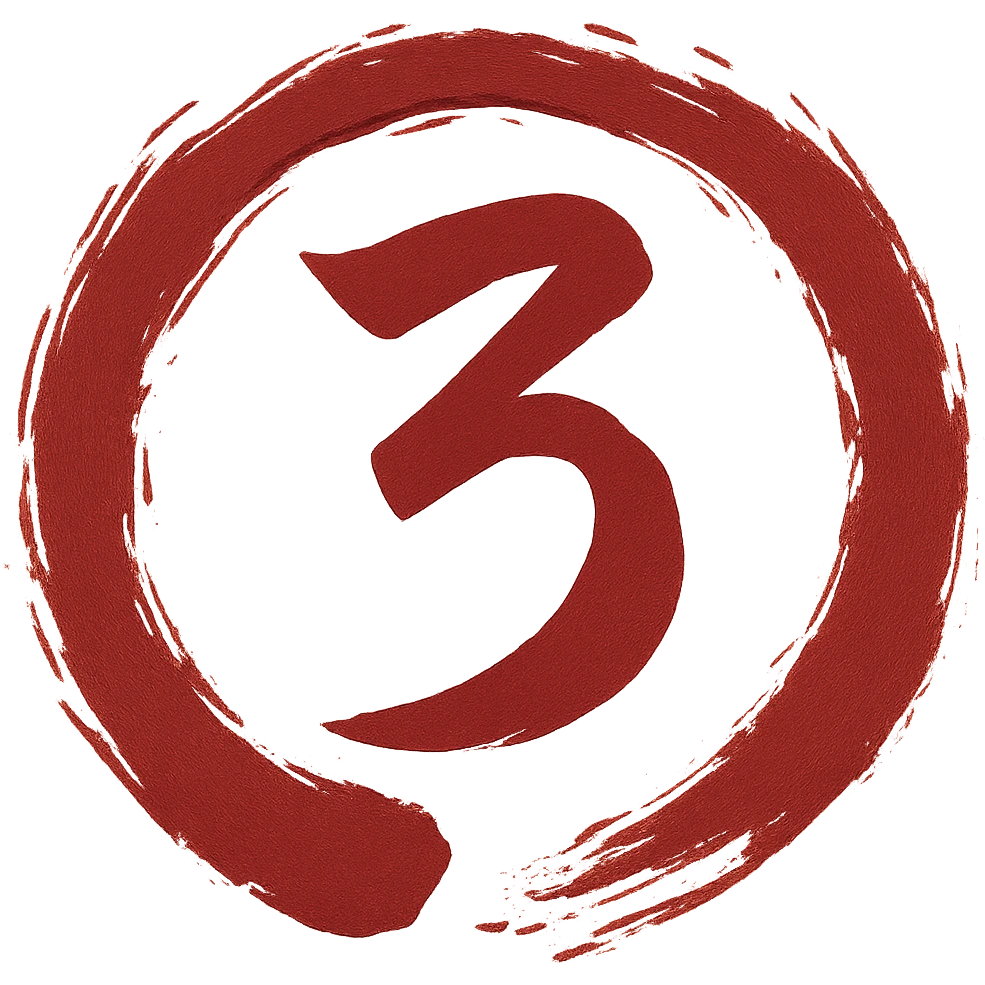 Edit the image to depict the number 3 in a Chinese Eastern style with a rich red color. The number should have a calligraphic form similar to the reference. Surround the number with a torn, smeared circular frame in the style of a Japanese enso, with edges that are highly artistic and messy. The inside of the circle should have a transparent background and no decoration. emoji