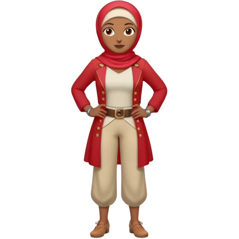 Heavy-set woman with medium-brown skin wearing a light red hijab, cream top, light red pants, tan shoes, and a visible gray pirate peg leg. Standing confidently with one hand on her hip emoji