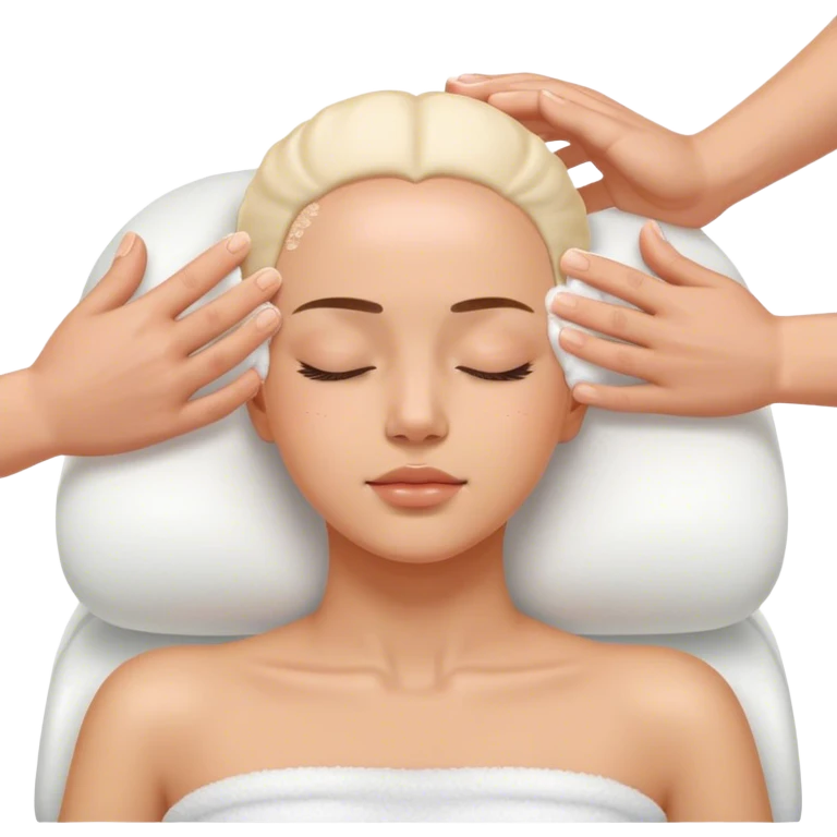 Una persona relajada con los ojos cerrados mientras recibe un masaje en el cuero cabelludo con espuma. Las manos del terapeuta están suavemente aplicando presión sobre su cabeza. emoji