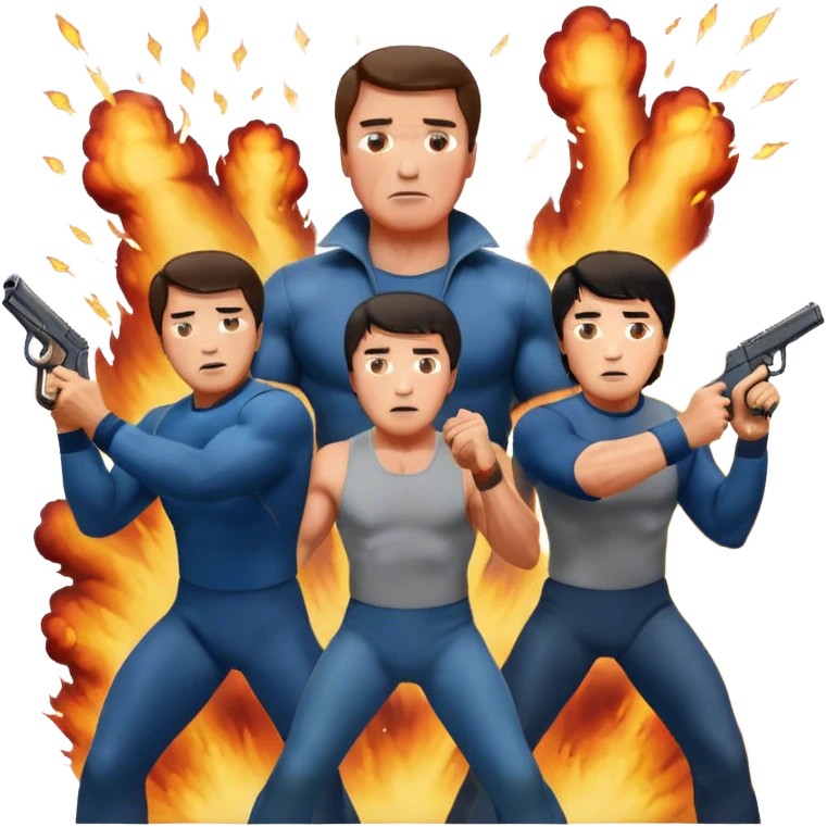 Action movie icons: Arnold Schwarzenegger, Sylvester Stallone and Jackie Chan in tense poses, surrounded by explosions, guns and fast-paced stunts. The design should reflect the energy and heroes of classic action movies. Transparent background. emoji