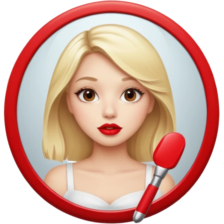 blonde girl taking mirror selfie. Red lipstick emoji